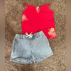 VINTAGE Carters Red Floral Tank Top and Denim Shorts Set